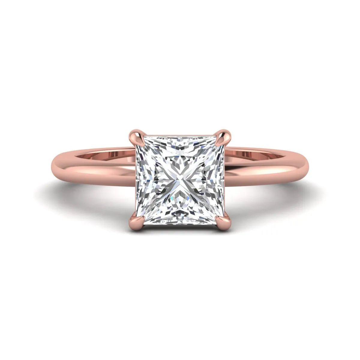 Princess cut lab grown diamond solitaire engagement ring with four-prong setting and rose gold tone band.