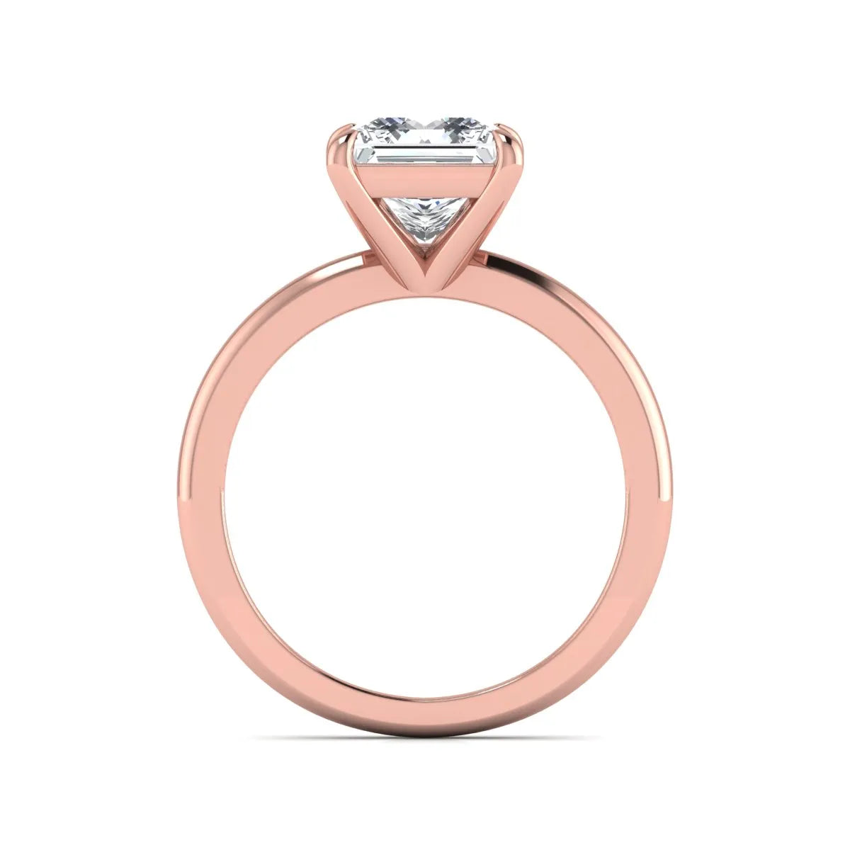 Princess cut lab grown diamond solitaire engagement ring with four-prong setting and rose gold tone band.
