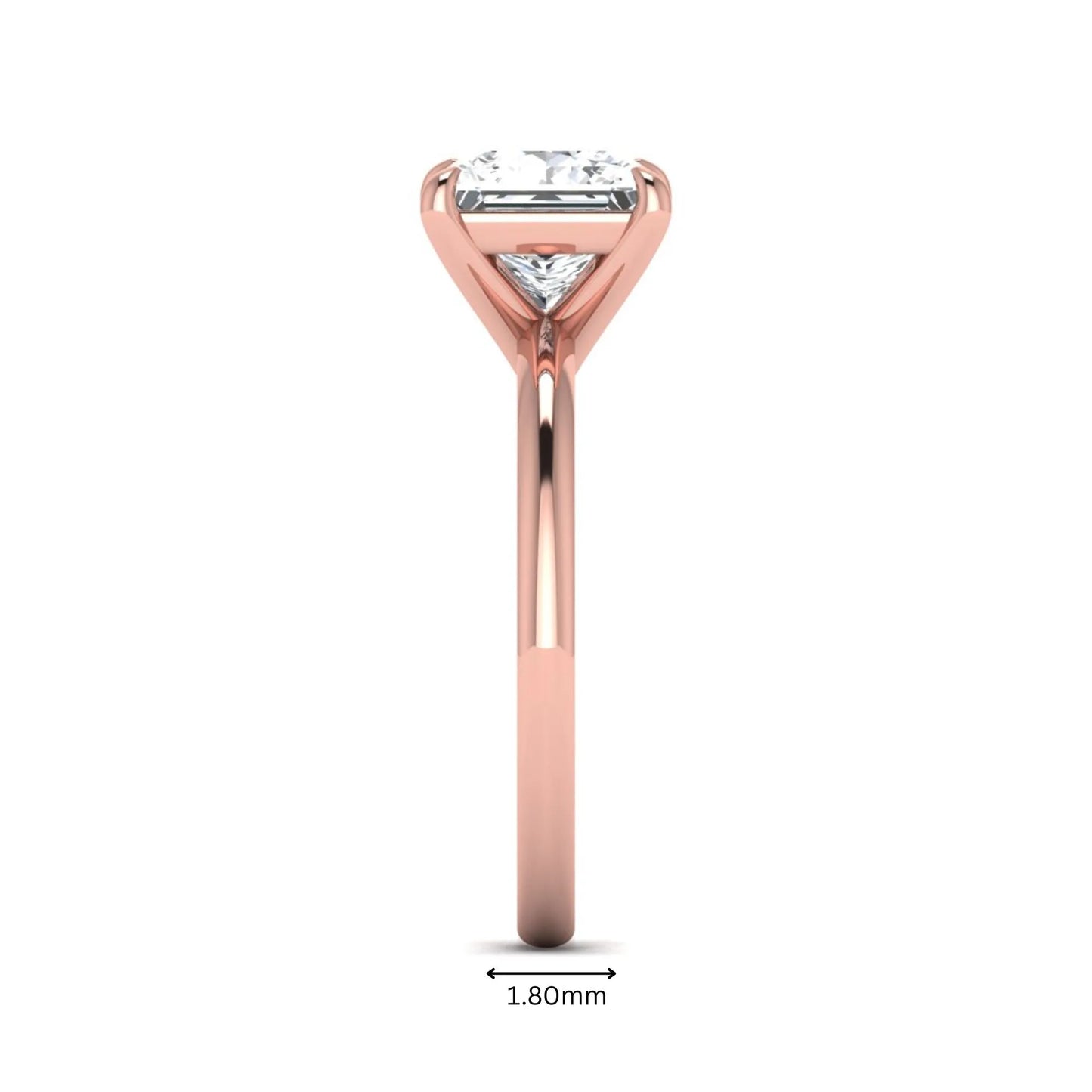 Princess cut lab grown diamond solitaire engagement ring with four-prong setting and rose gold tone band.