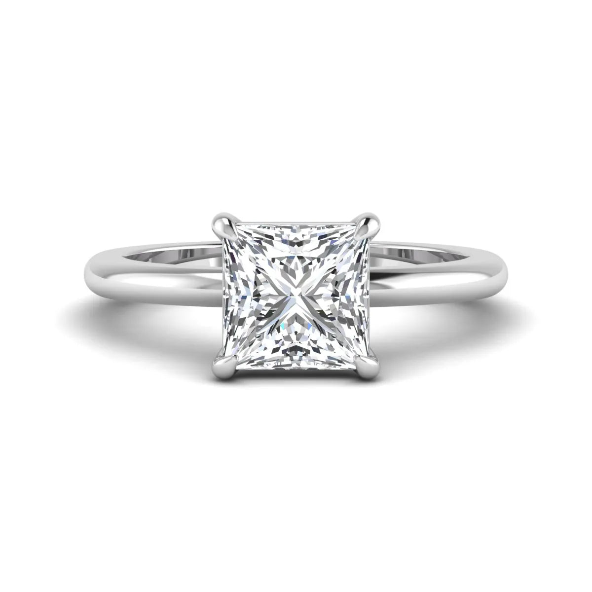Princess cut lab grown diamond solitaire engagement ring with four-prong setting and white gold tone band.