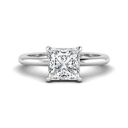 Princess cut lab grown diamond solitaire engagement ring with four-prong setting and white gold tone band.