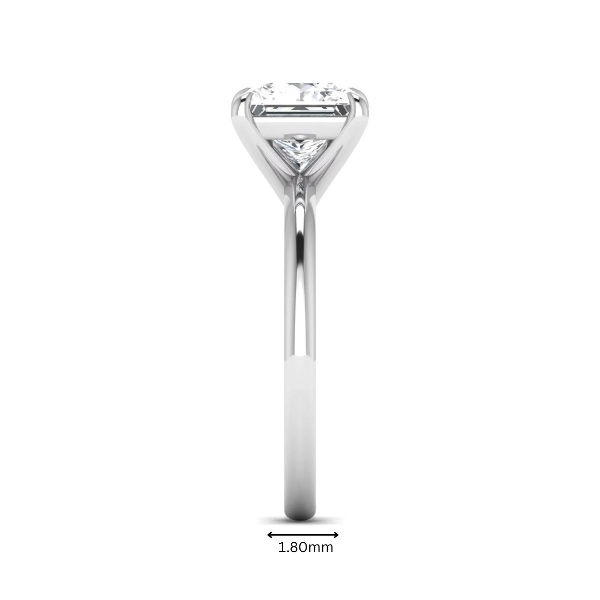 Princess cut lab grown diamond solitaire engagement ring with four-prong setting and white gold tone band.