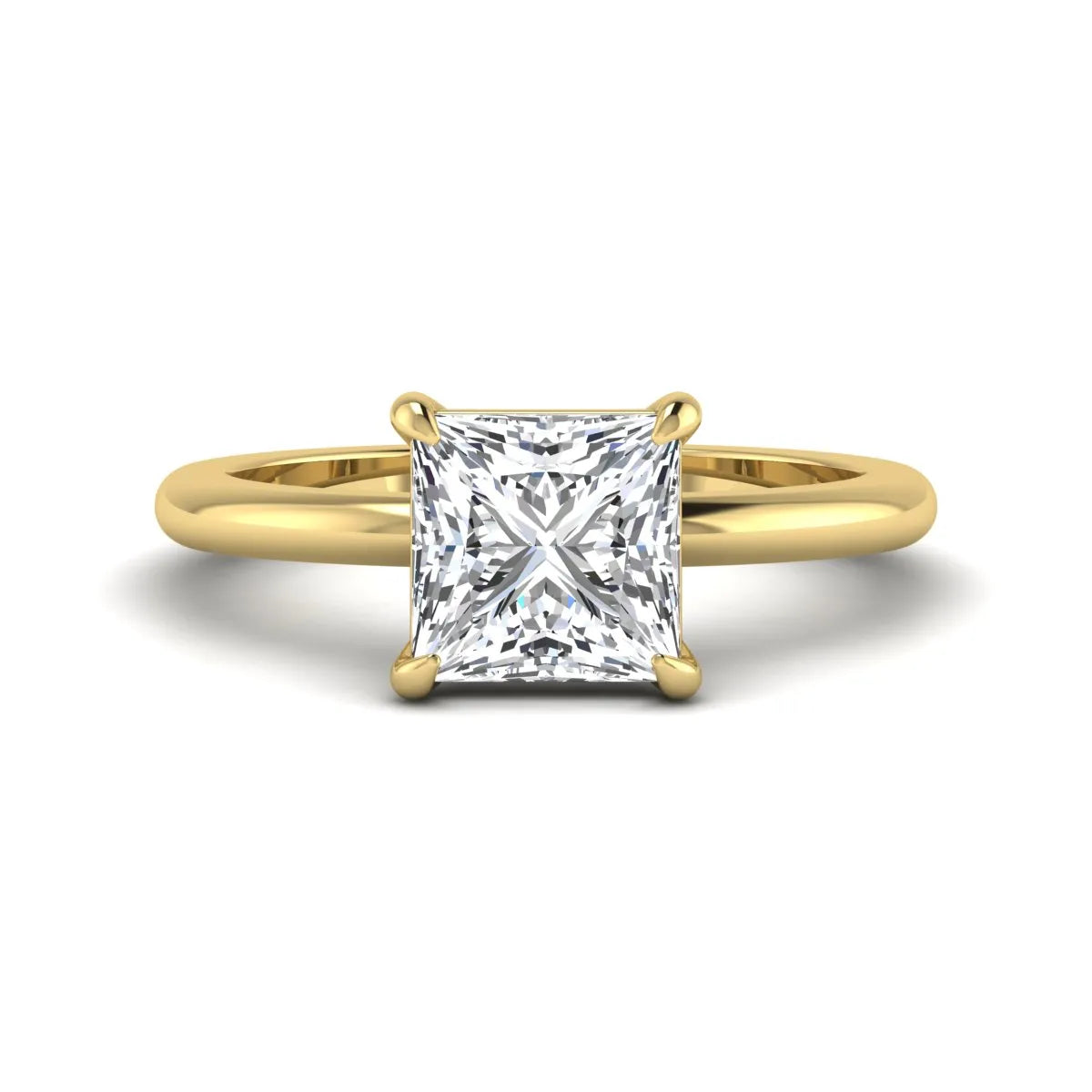 Princess cut lab grown diamond solitaire engagement ring with four-prong setting and yellow gold tone band.