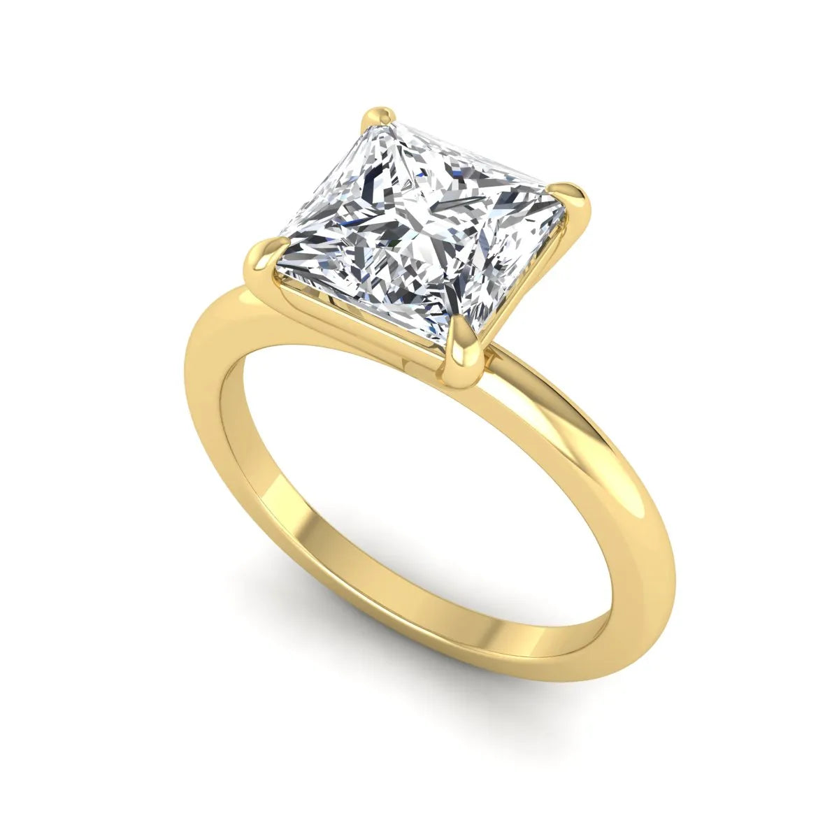 Princess cut lab grown diamond solitaire engagement ring with four-prong setting and yellow gold tone band.
