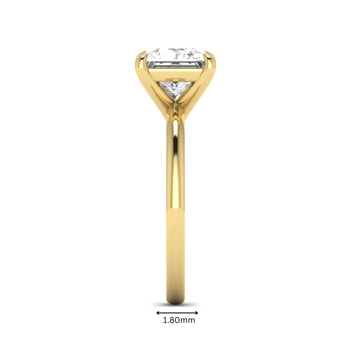 Princess cut lab grown diamond solitaire engagement ring with four-prong setting and yellow gold tone band.