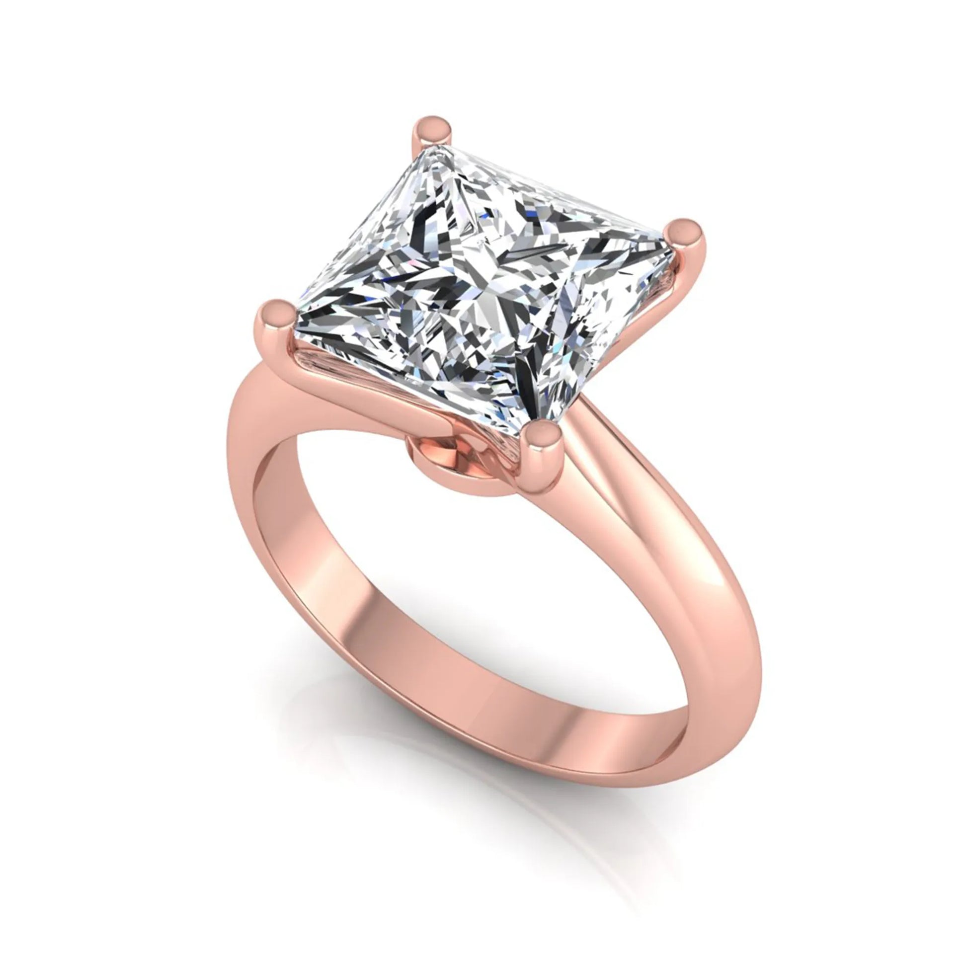 Princess cut lab grown diamond solitaire engagement ring in rose gold featuring a 3.67 carat IGI certified center diamond.