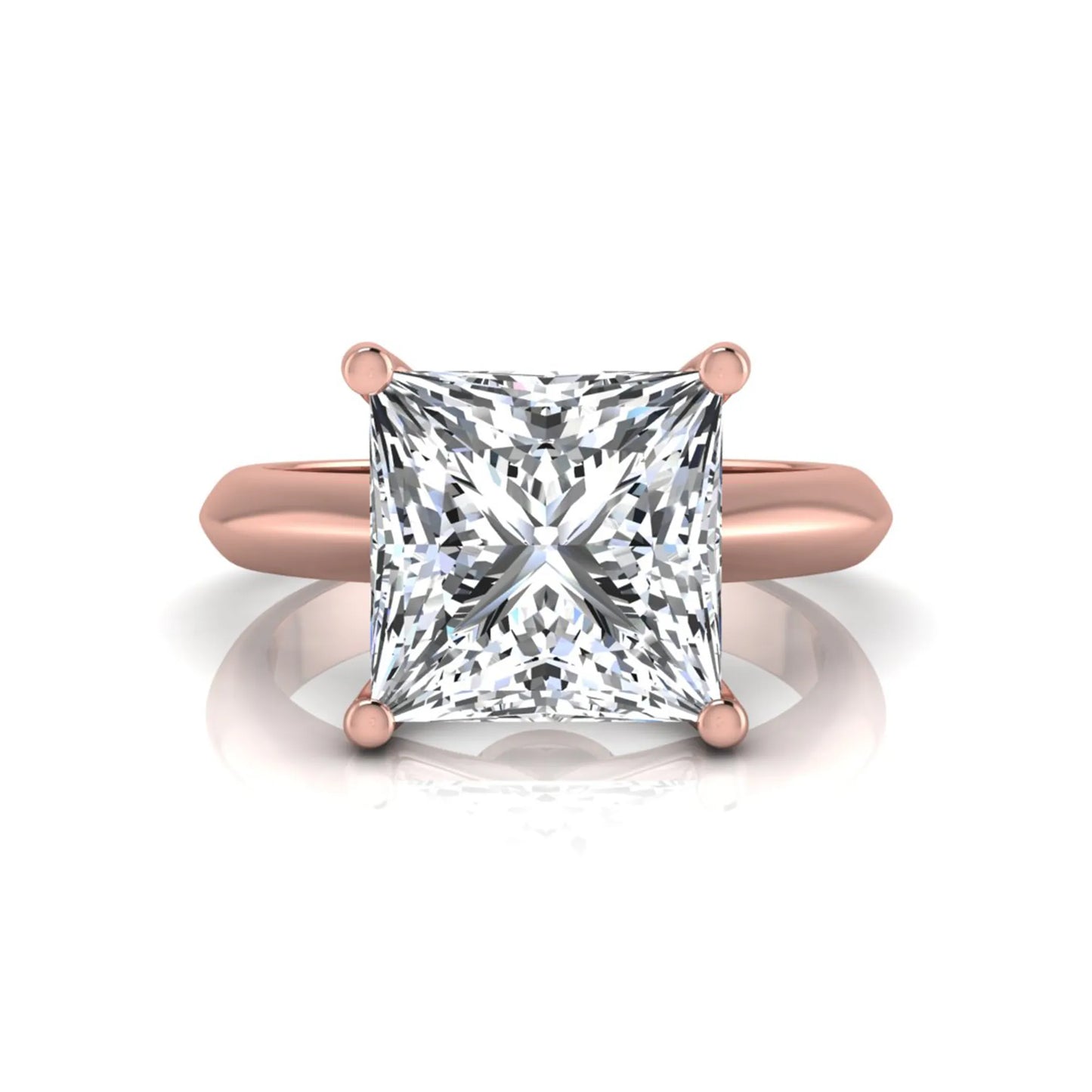 Princess cut lab grown diamond solitaire engagement ring in rose gold featuring a 3.67 carat IGI certified center diamond.