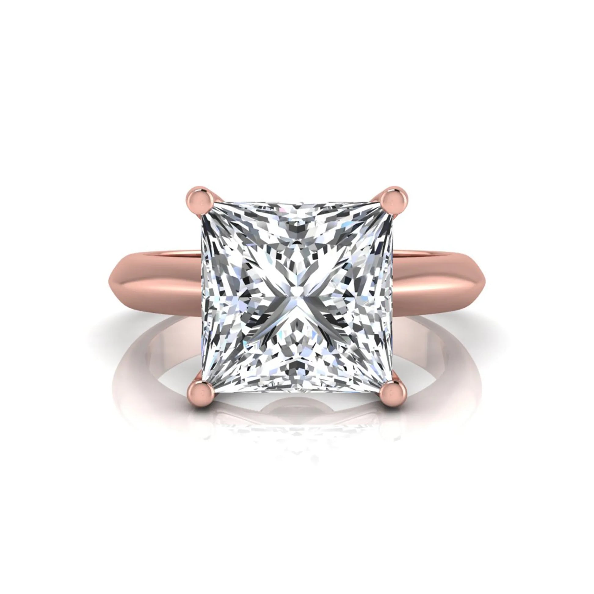 Princess cut lab grown diamond solitaire engagement ring in rose gold featuring a 3.67 carat IGI certified center diamond.