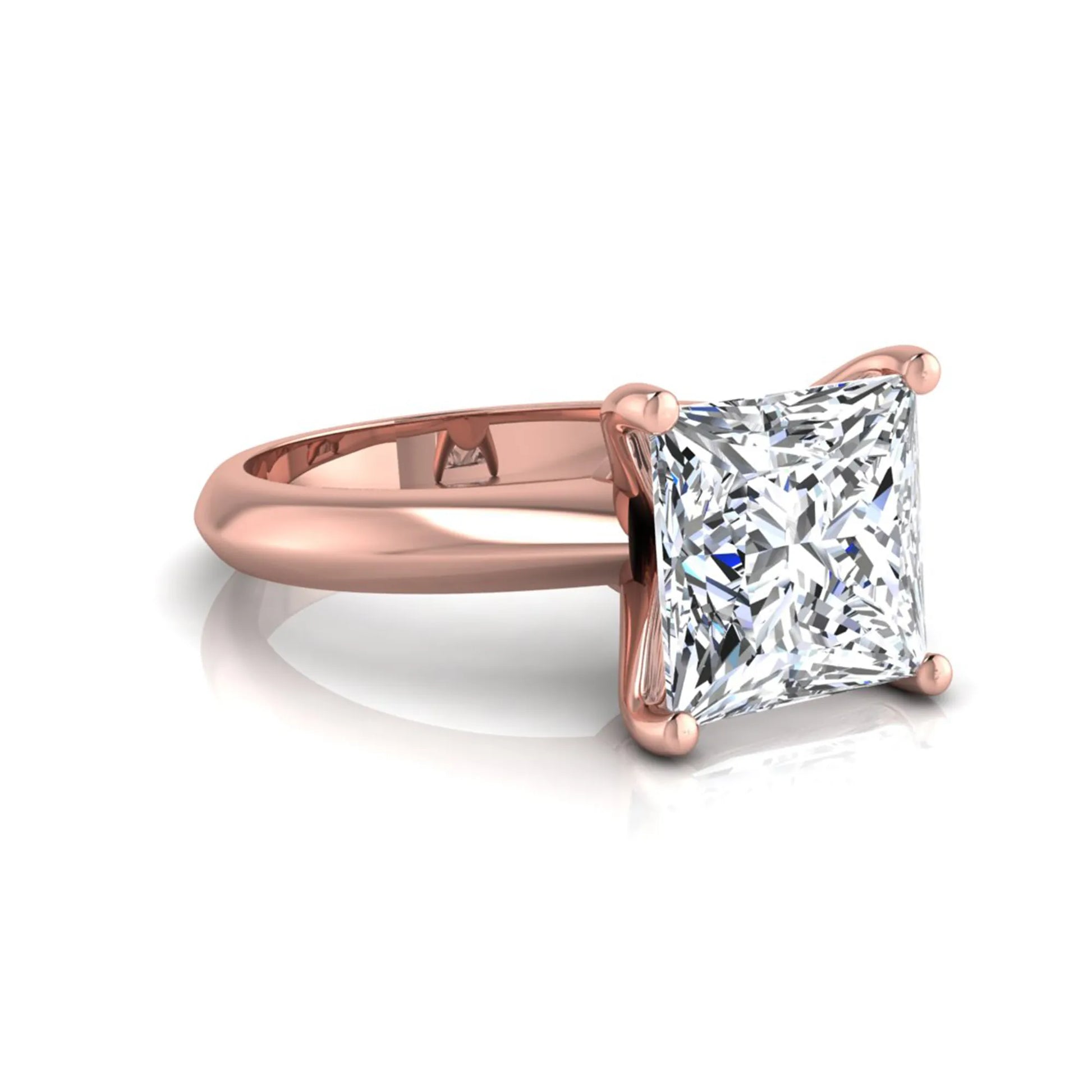 Princess cut lab grown diamond solitaire engagement ring in rose gold featuring a 3.67 carat IGI certified center diamond.