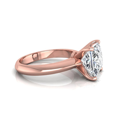 Princess cut lab grown diamond solitaire engagement ring in rose gold featuring a 3.67 carat IGI certified center diamond.