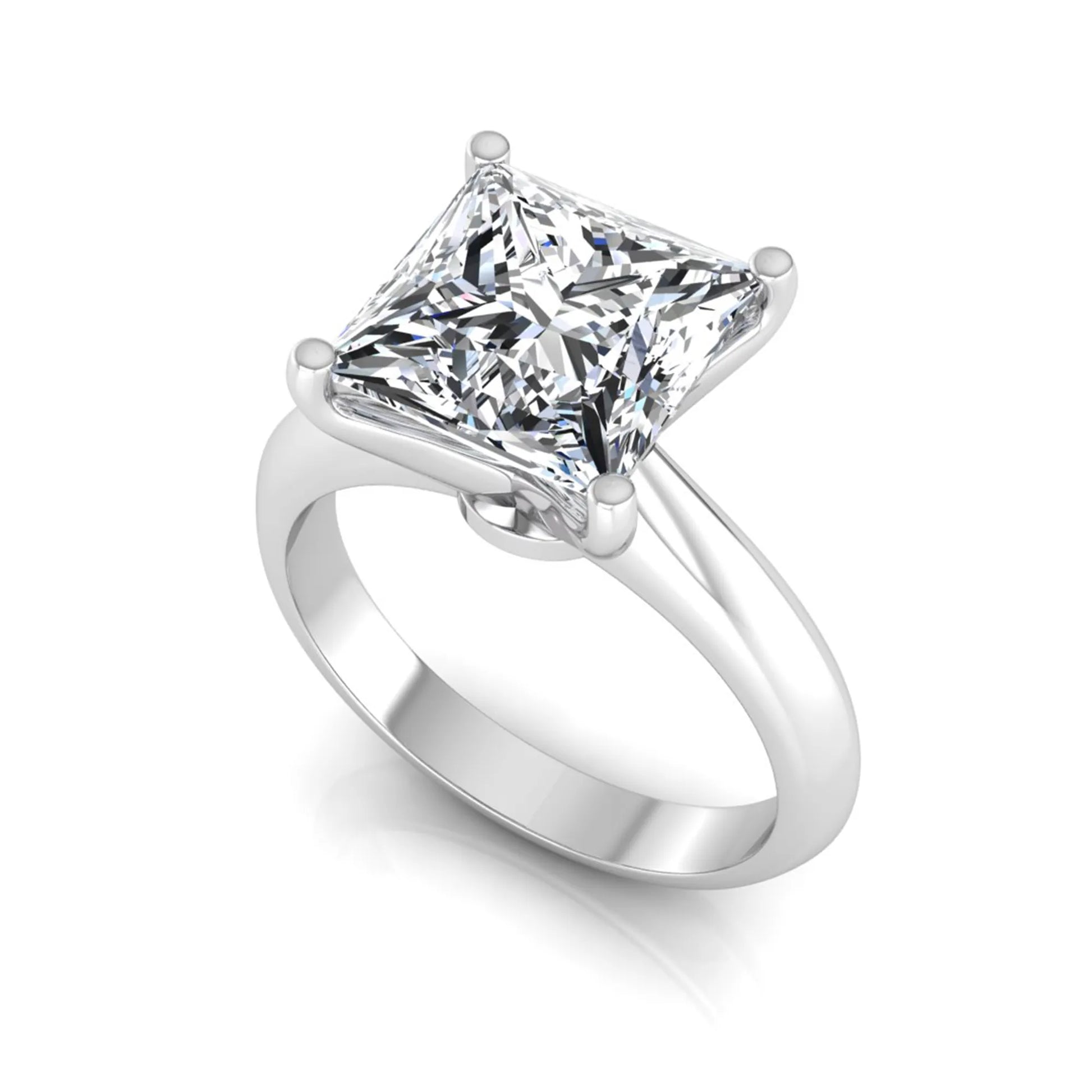 Princess cut lab grown diamond solitaire engagement ring in white gold featuring a 3.67 carat IGI certified center diamond.