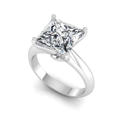 Princess cut lab grown diamond solitaire engagement ring in white gold featuring a 3.67 carat IGI certified center diamond.