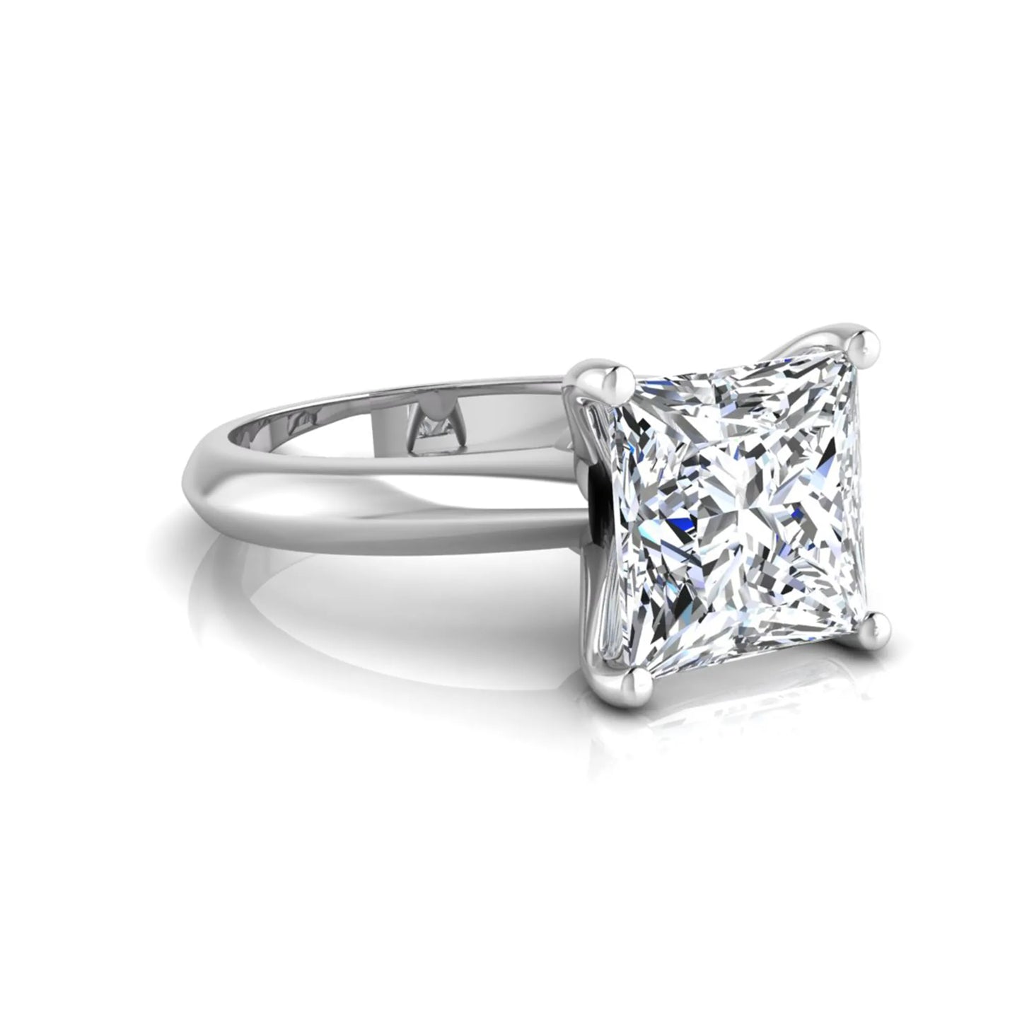 Princess cut lab grown diamond solitaire engagement ring in white gold featuring a 3.67 carat IGI certified center diamond.