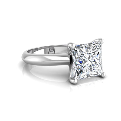 Princess cut lab grown diamond solitaire engagement ring in white gold featuring a 3.67 carat IGI certified center diamond.