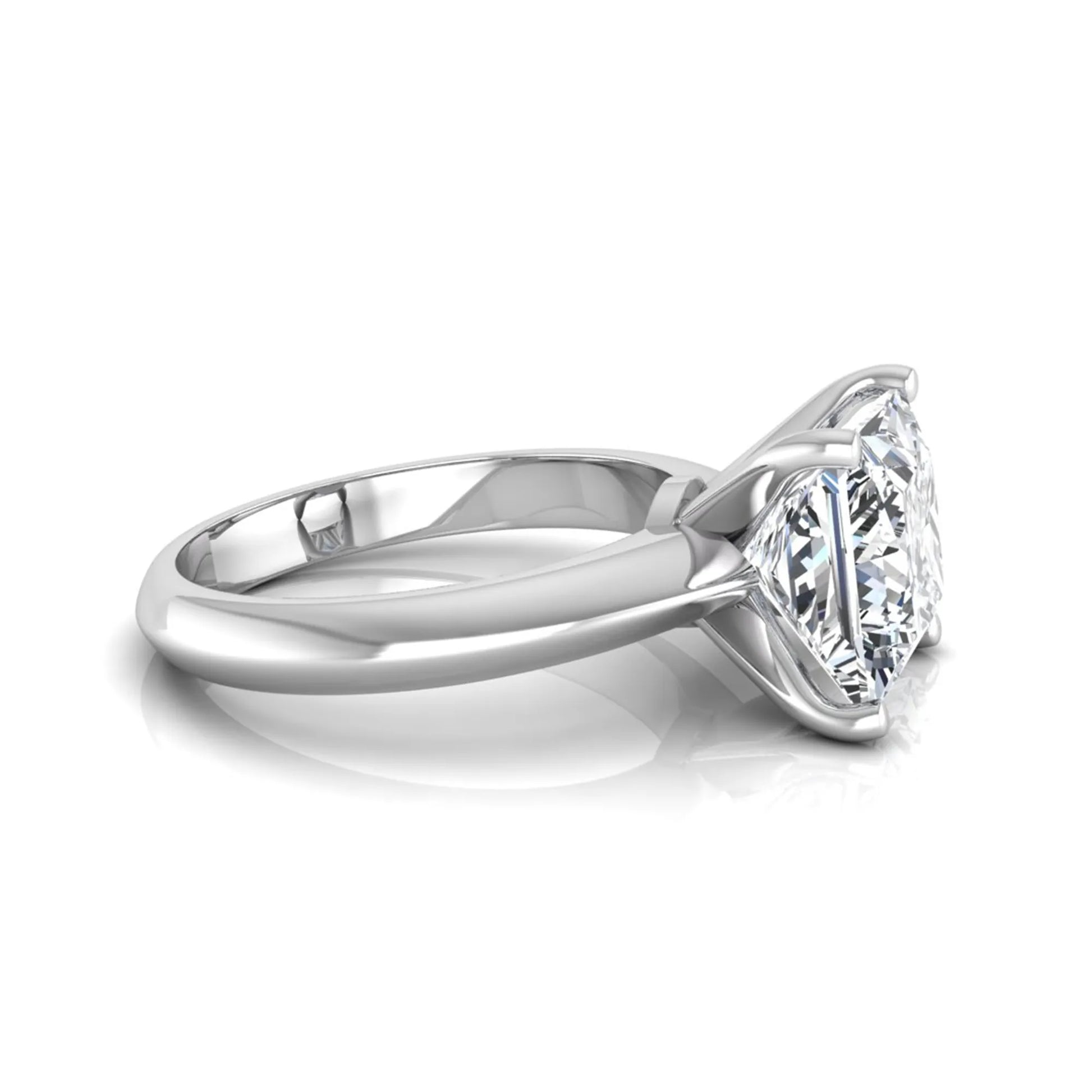 Princess cut lab grown diamond solitaire engagement ring in white gold featuring a 3.67 carat IGI certified center diamond.