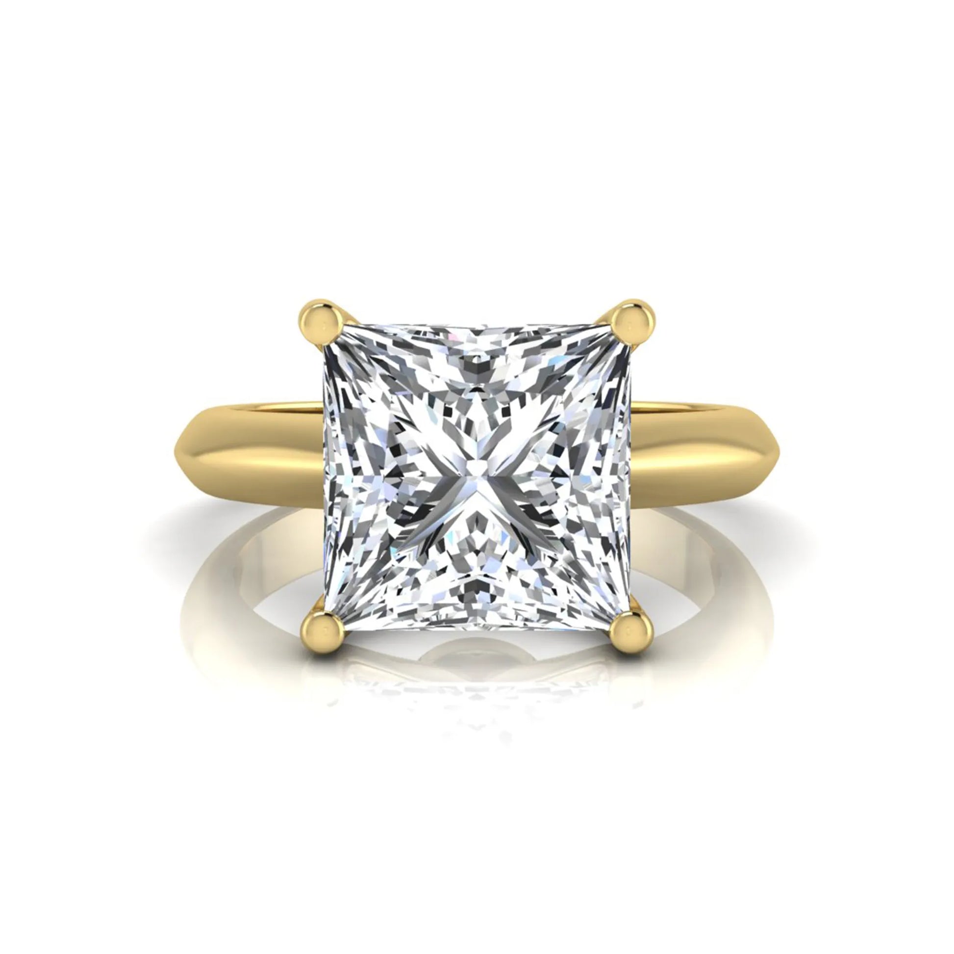 Princess cut lab grown diamond solitaire engagement ring in yellow gold featuring a 3.67 carat IGI certified center diamond.