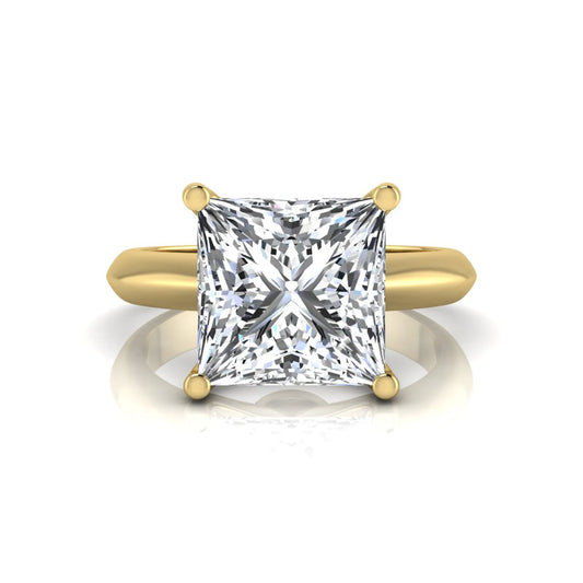 Princess cut lab grown diamond solitaire engagement ring in yellow gold featuring a 3.67 carat IGI certified center diamond.