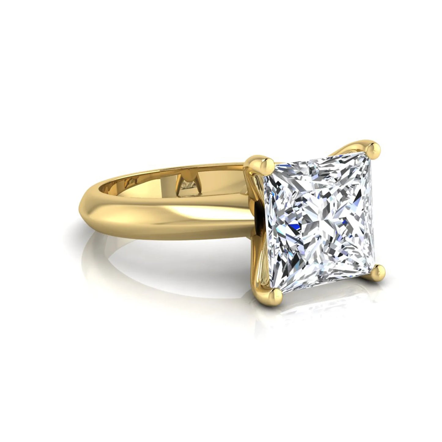 Princess cut lab grown diamond solitaire engagement ring in yellow gold featuring a 3.67 carat IGI certified center diamond.