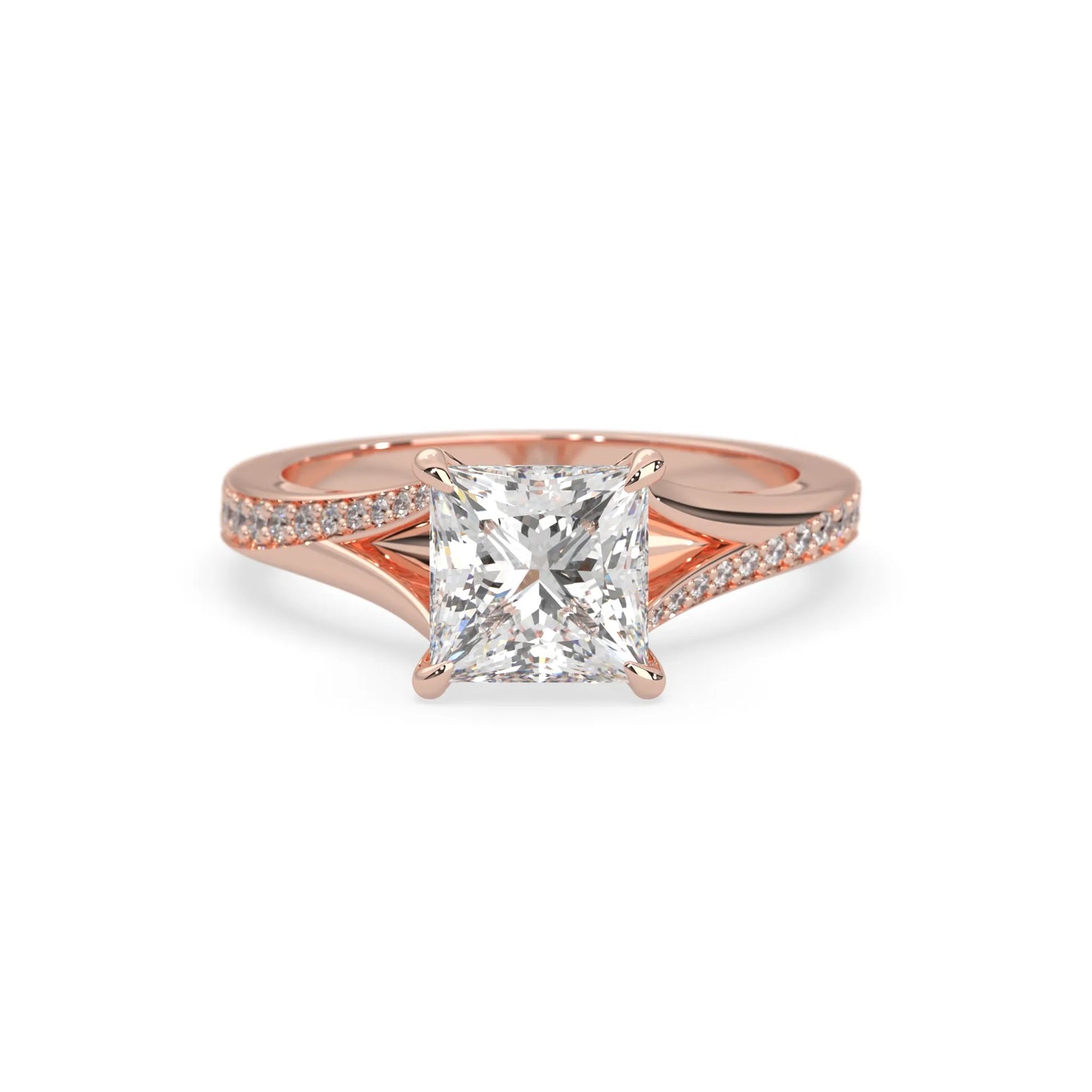 Princess cut lab grown diamond split shank engagement ring with diamond accented band in rose gold