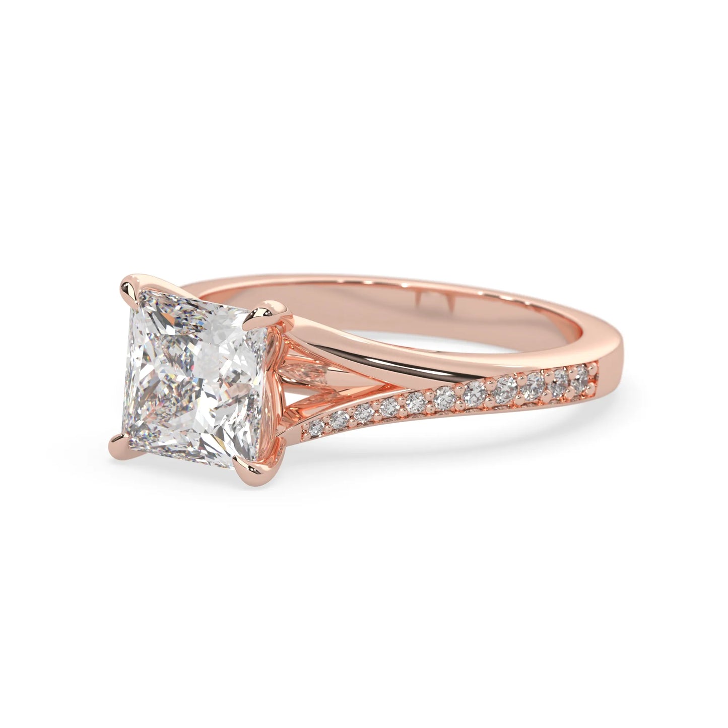 Princess cut lab grown diamond split shank engagement ring with diamond accented band in rose gold