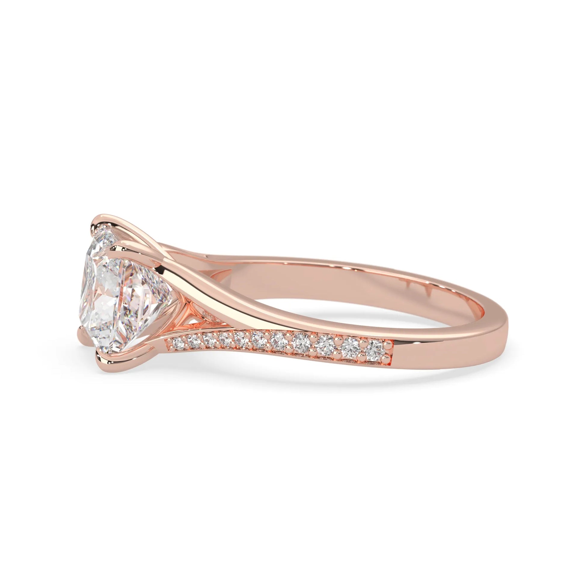 Princess cut lab grown diamond split shank engagement ring with diamond accented band in rose gold