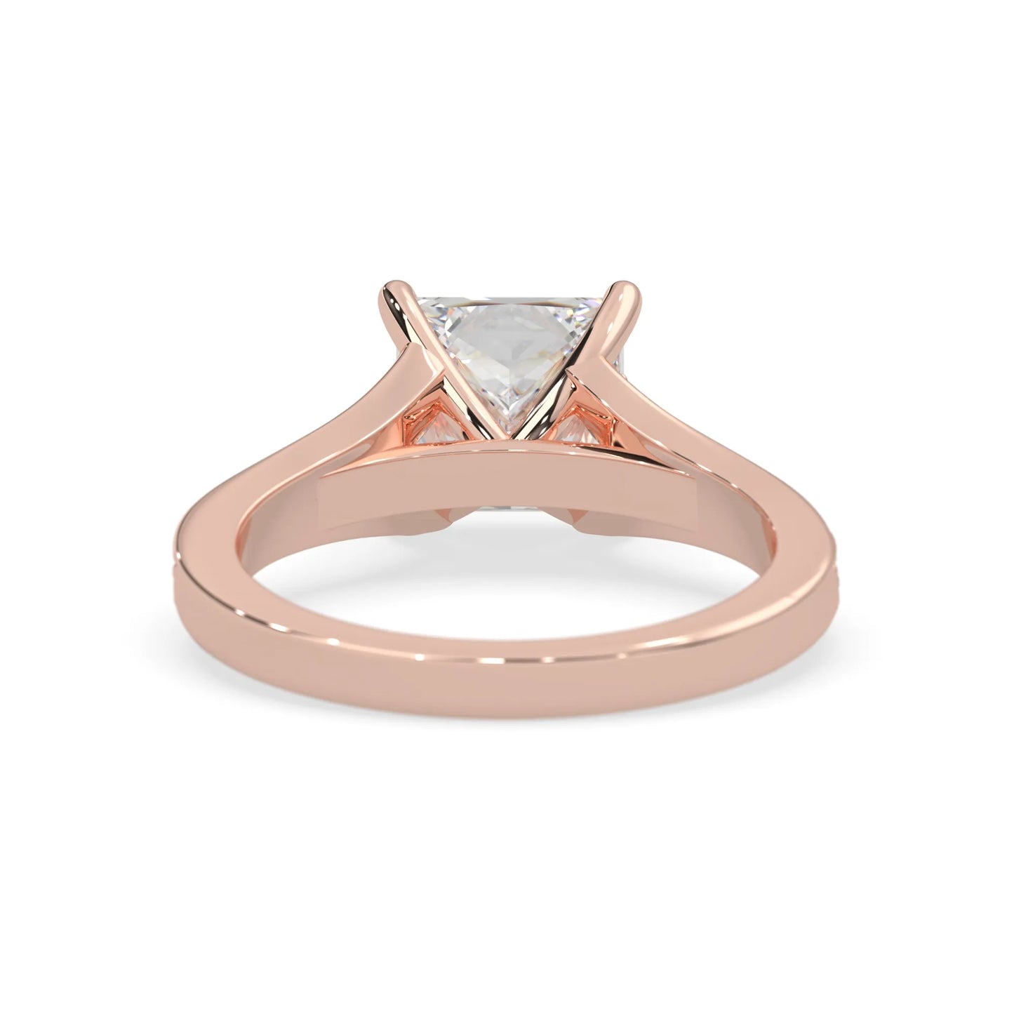 Princess cut lab grown diamond split shank engagement ring with diamond accented band in rose gold