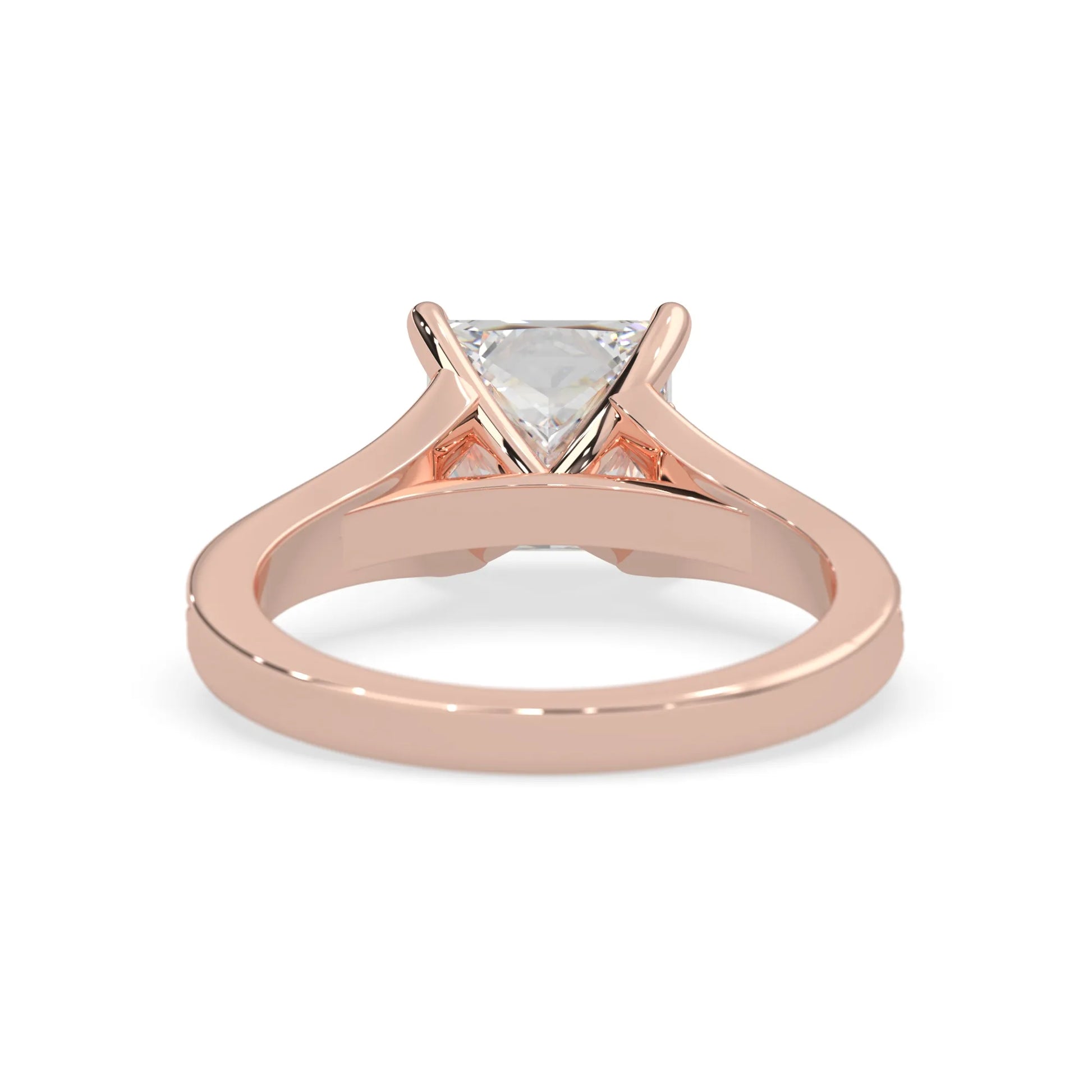 Princess cut lab grown diamond split shank engagement ring with diamond accented band in rose gold