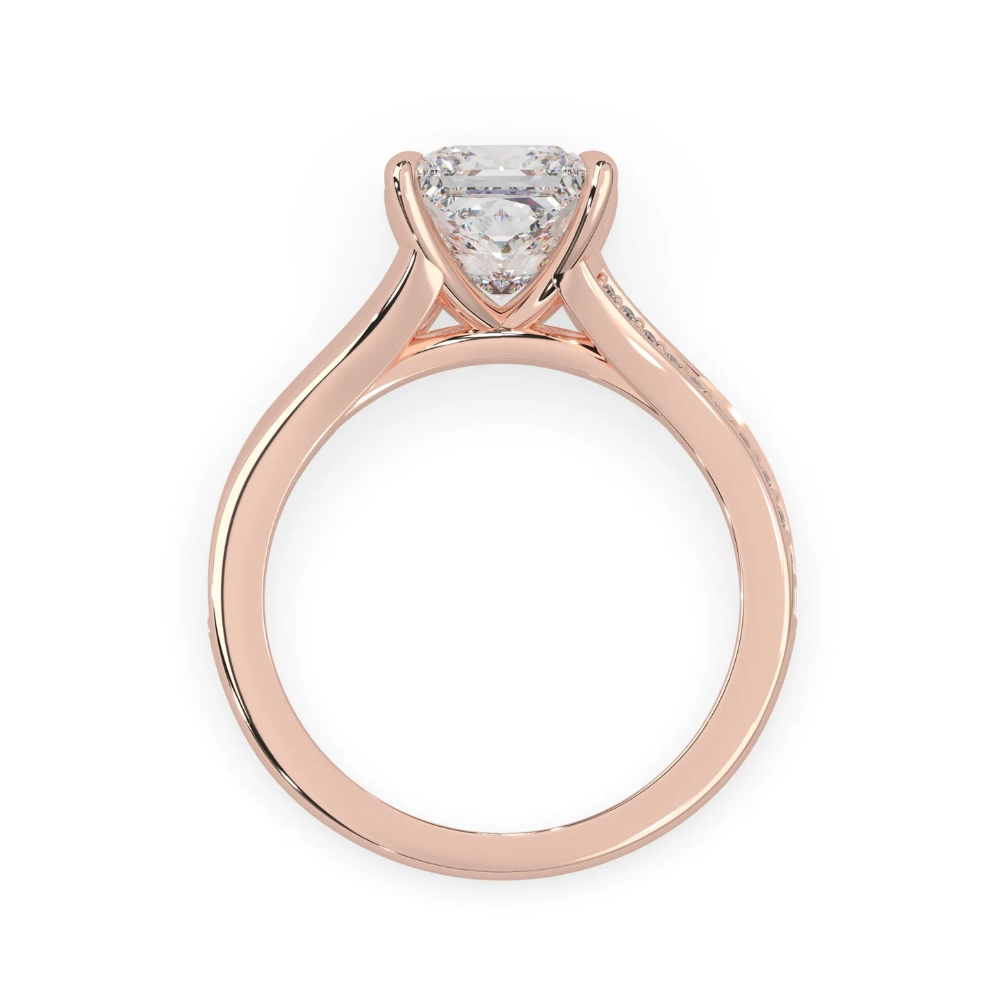 Princess cut lab grown diamond split shank engagement ring with diamond accented band in rose gold