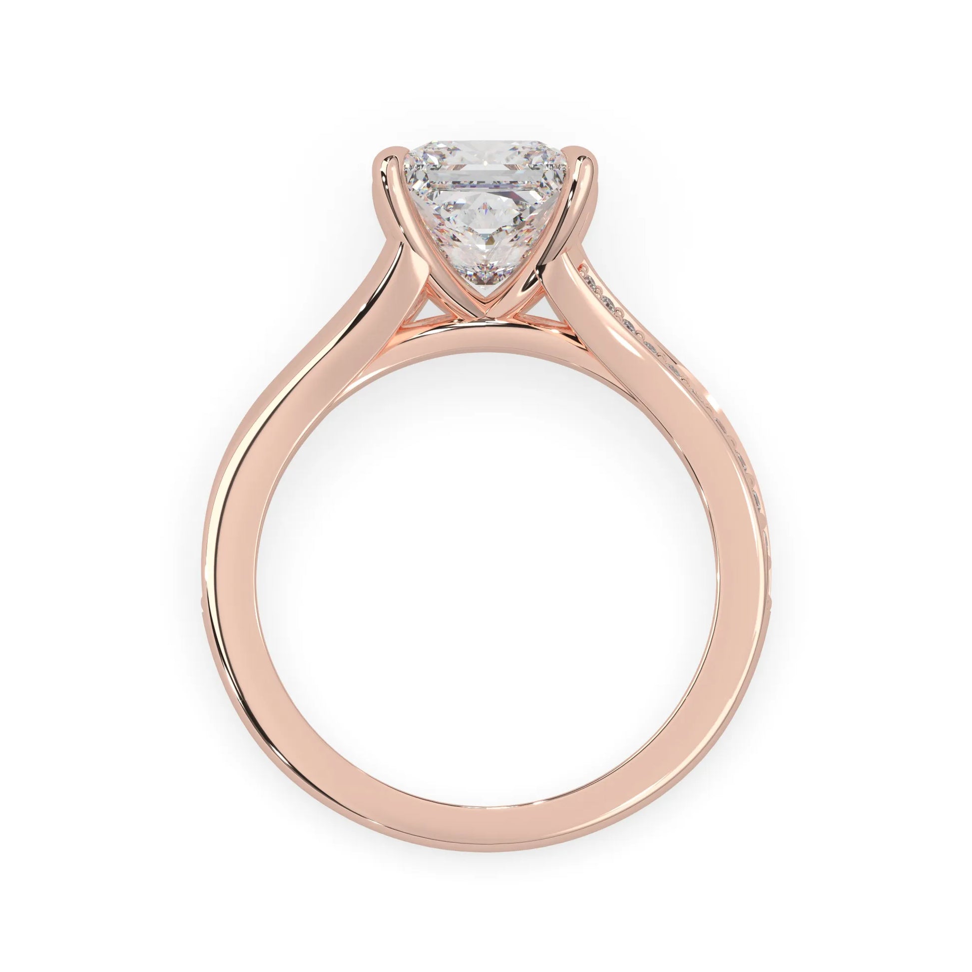 Princess cut lab grown diamond split shank engagement ring with diamond accented band in rose gold