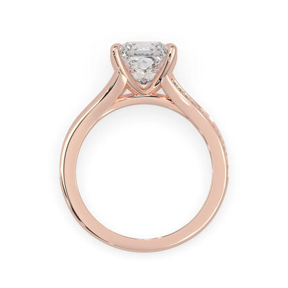 Princess cut lab grown diamond split shank engagement ring with diamond accented band in rose gold