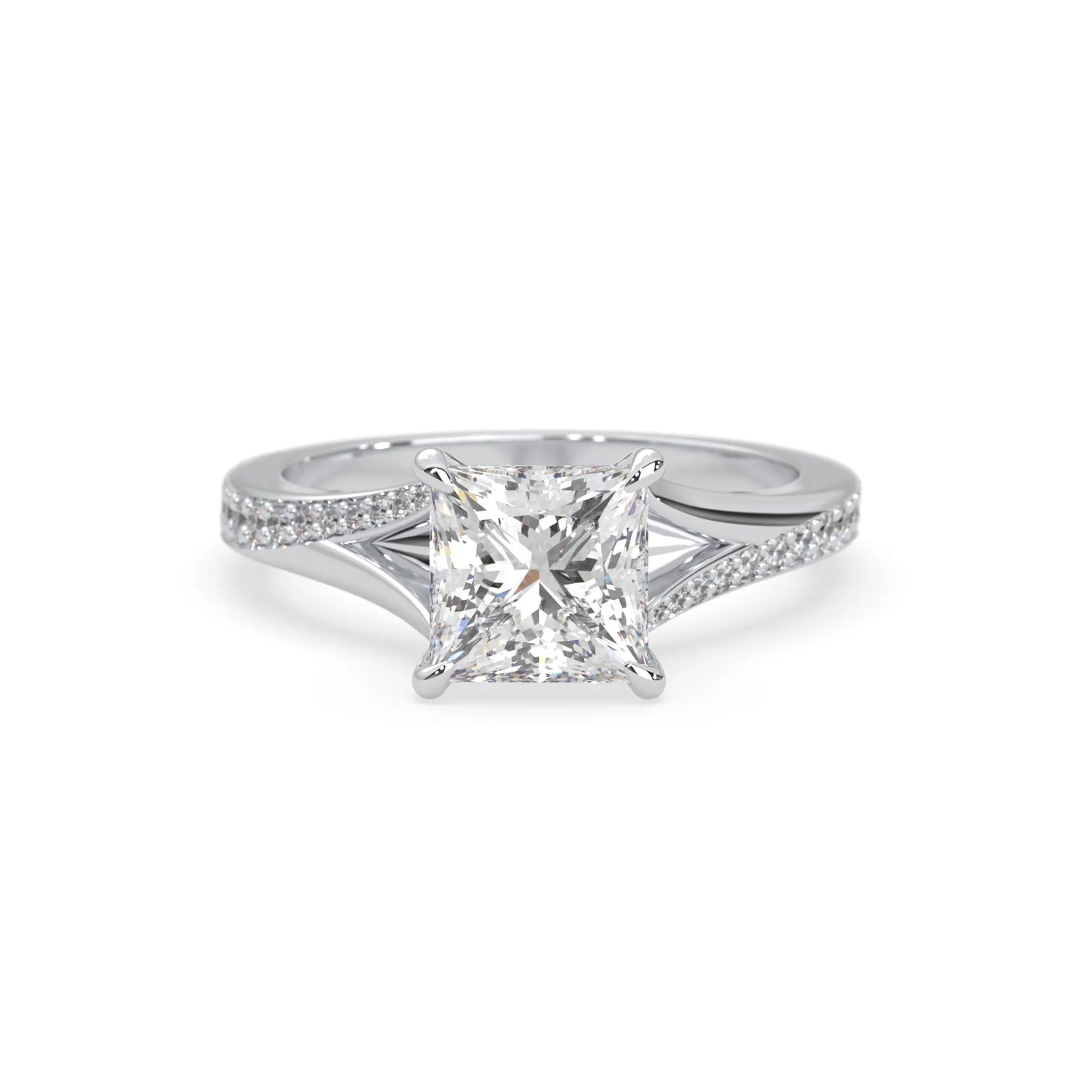 Princess cut lab grown diamond split shank engagement ring with diamond accented band in white gold