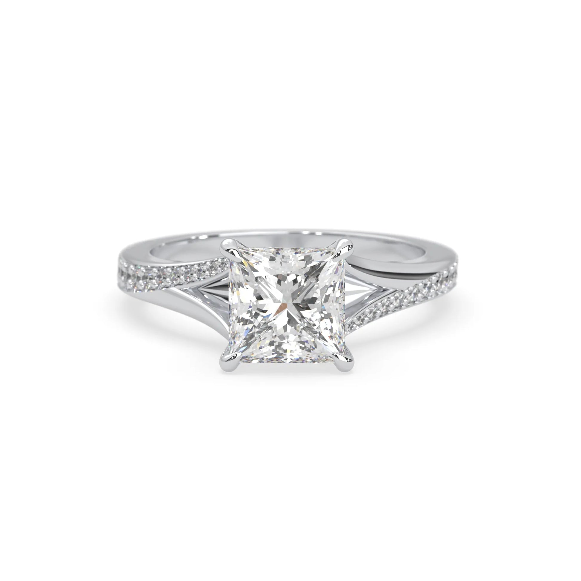 Princess cut lab grown diamond split shank engagement ring with diamond accented band in white gold