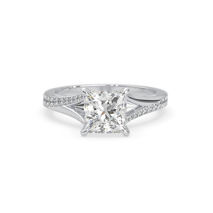 Princess cut lab grown diamond split shank engagement ring with diamond accented band in white gold