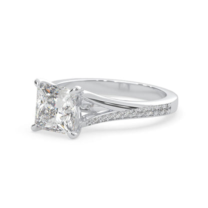 Princess cut lab grown diamond split shank engagement ring with diamond accented band in white gold