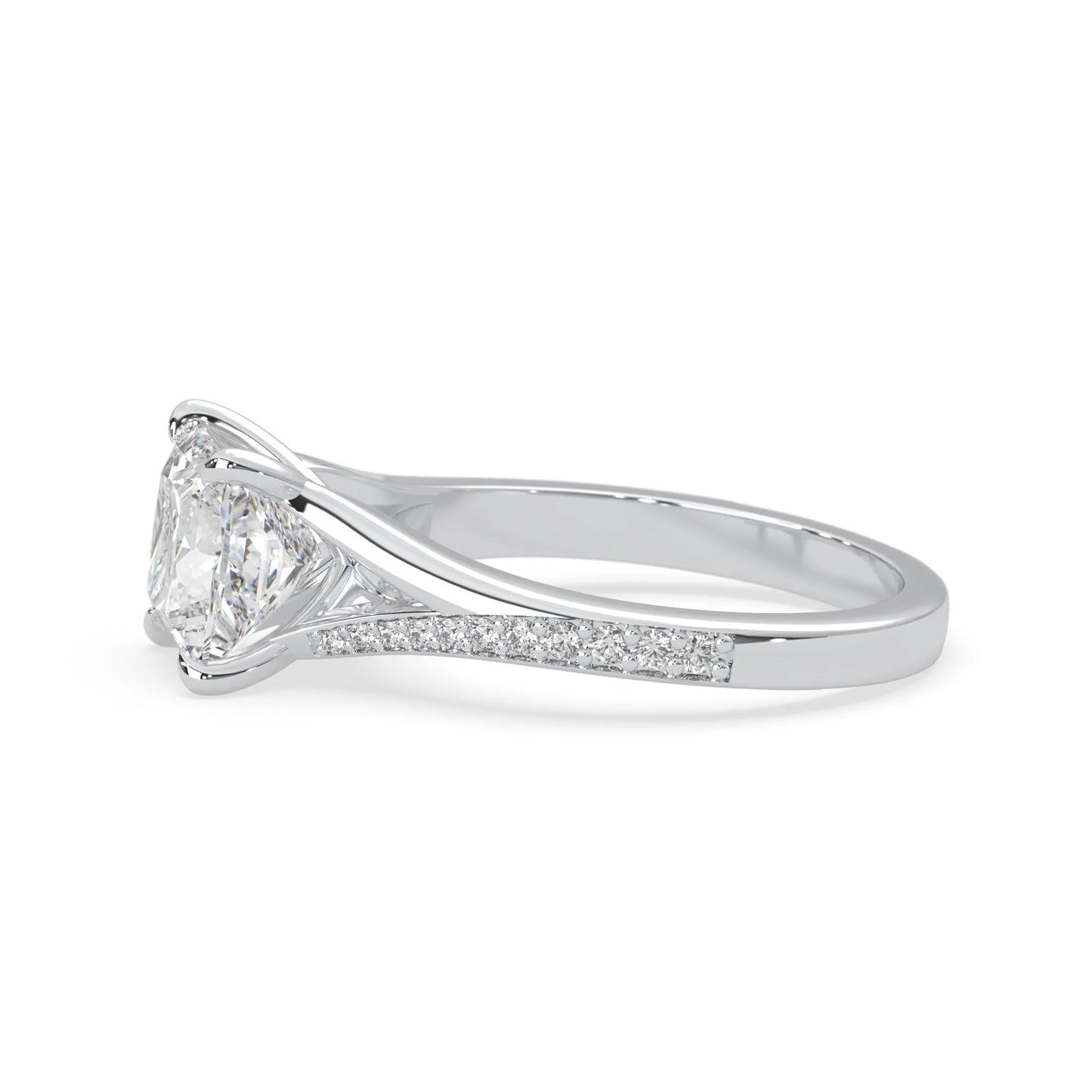Princess cut lab grown diamond split shank engagement ring with diamond accented band in white gold