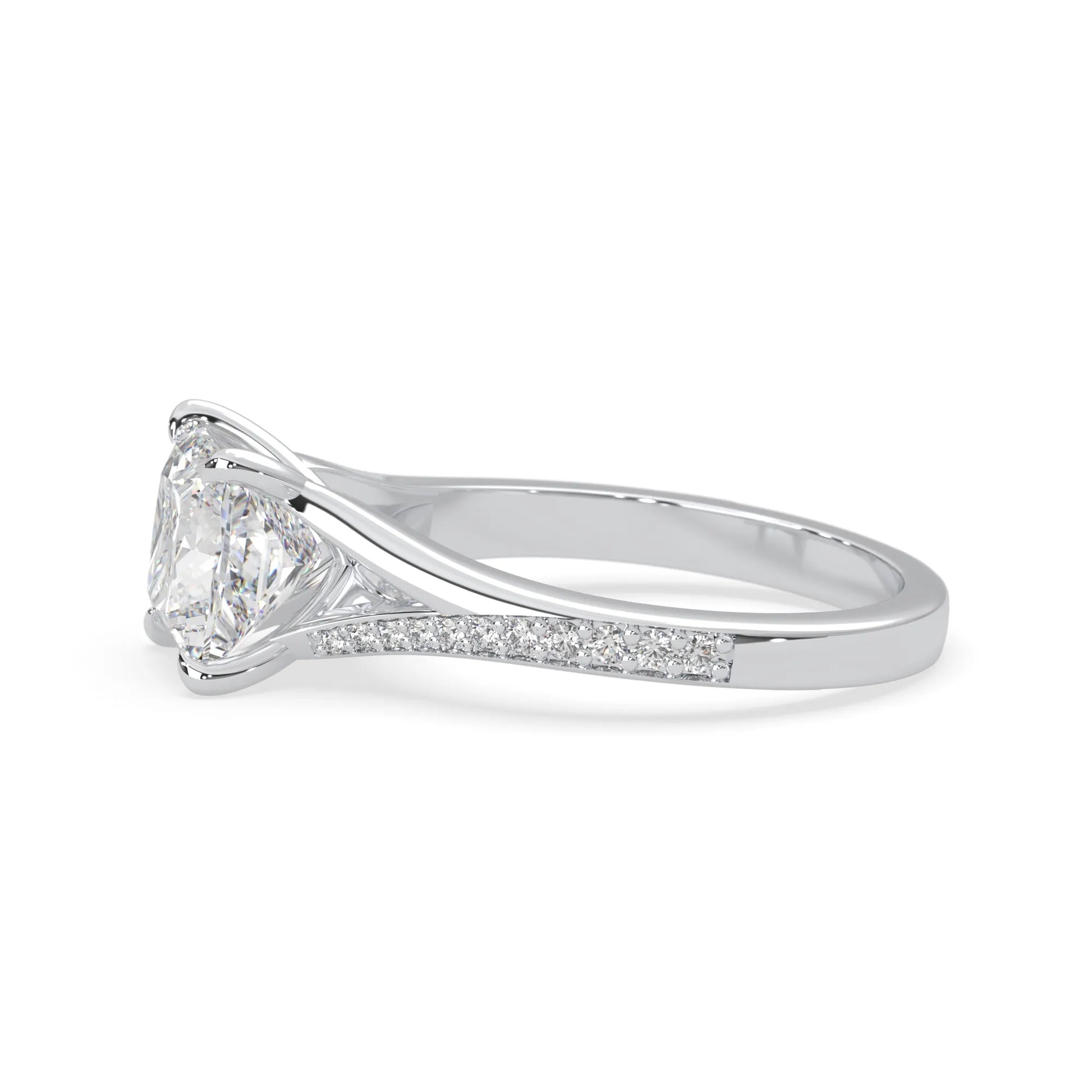 Princess cut lab grown diamond split shank engagement ring with diamond accented band in white gold