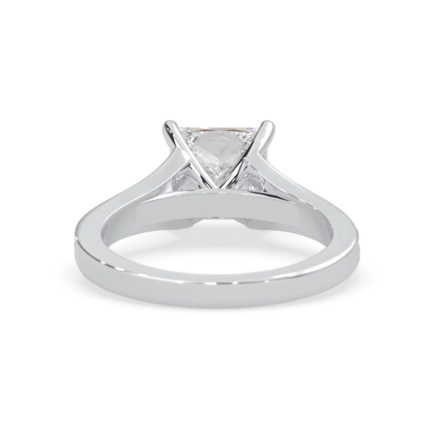 Princess cut lab grown diamond split shank engagement ring with diamond accented band in white gold