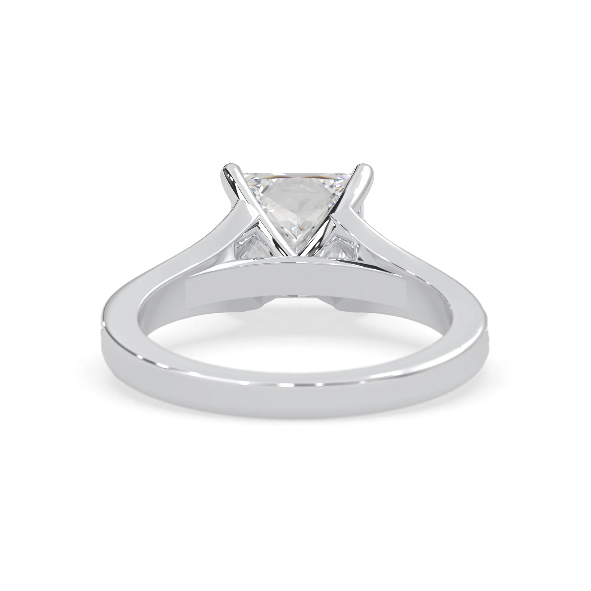 Princess cut lab grown diamond split shank engagement ring with diamond accented band in white gold