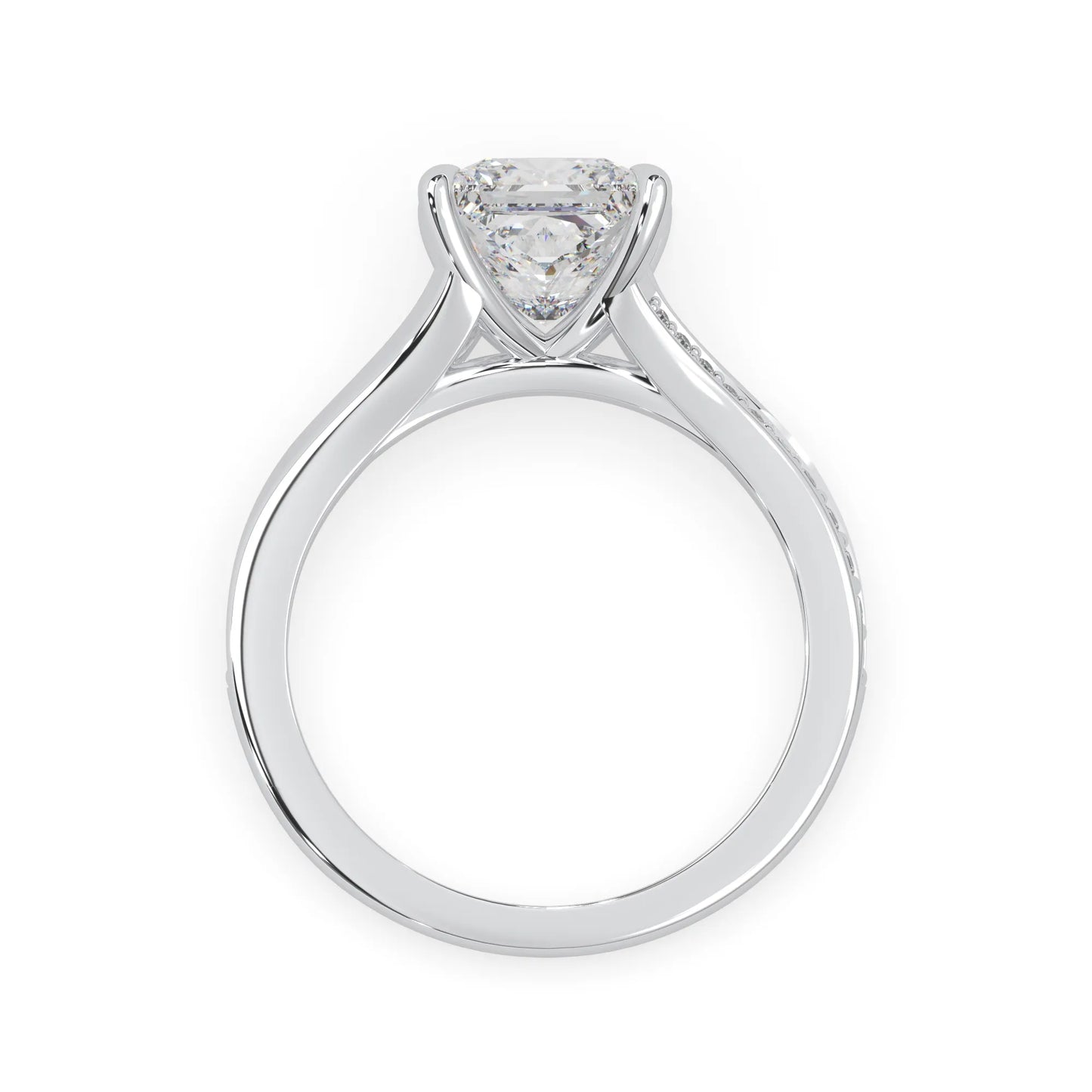 Princess cut lab grown diamond split shank engagement ring with diamond accented band in white gold