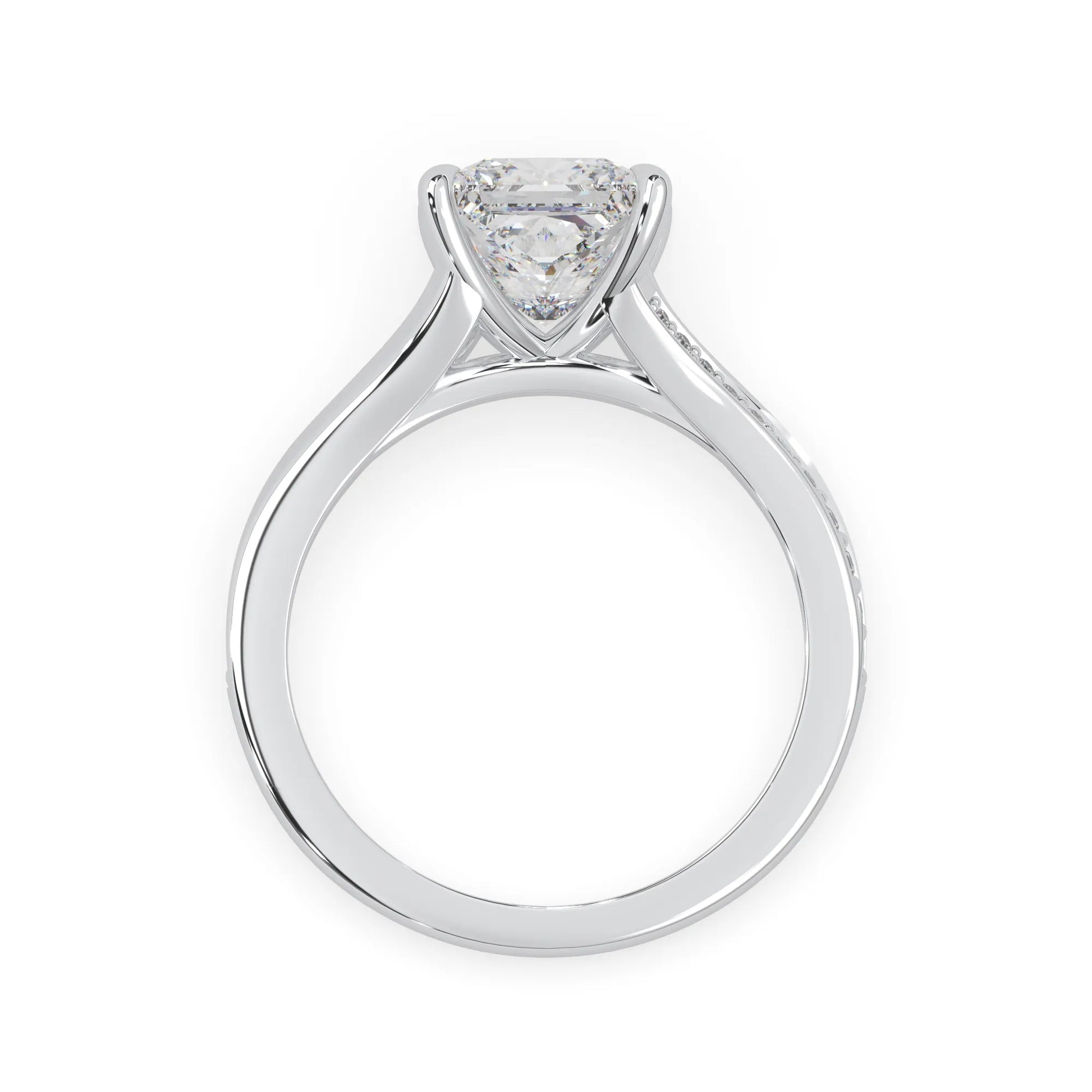 Princess cut lab grown diamond split shank engagement ring with diamond accented band in white gold