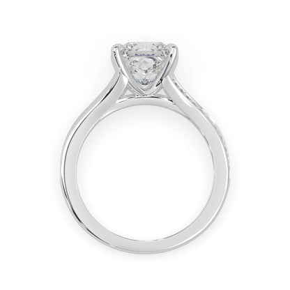 Princess cut lab grown diamond split shank engagement ring with diamond accented band in white gold