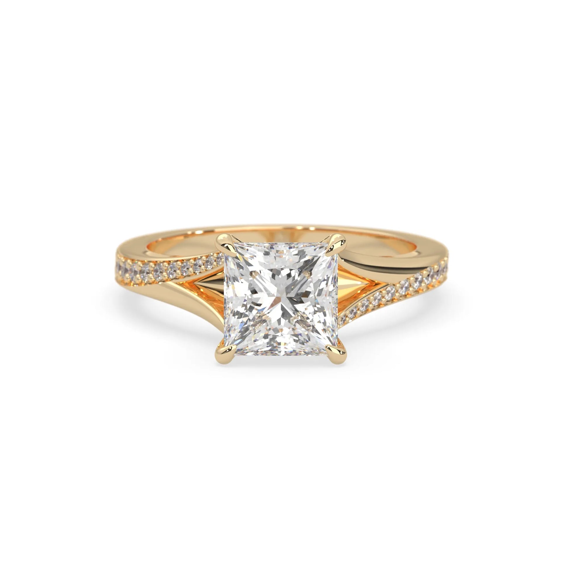 yellow Gold ring with a lab grown diamond on a white background