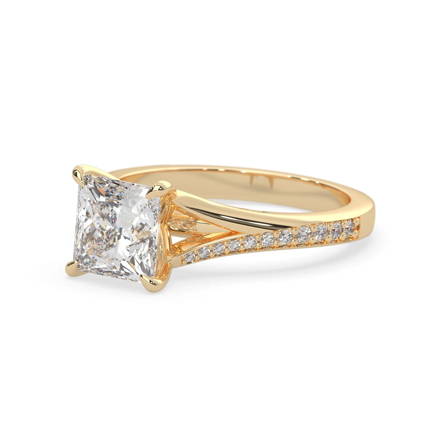 yellow Gold ring with a lab grown diamond on a white background