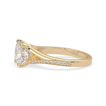 yellow Gold ring with a lab grown diamond on a white background