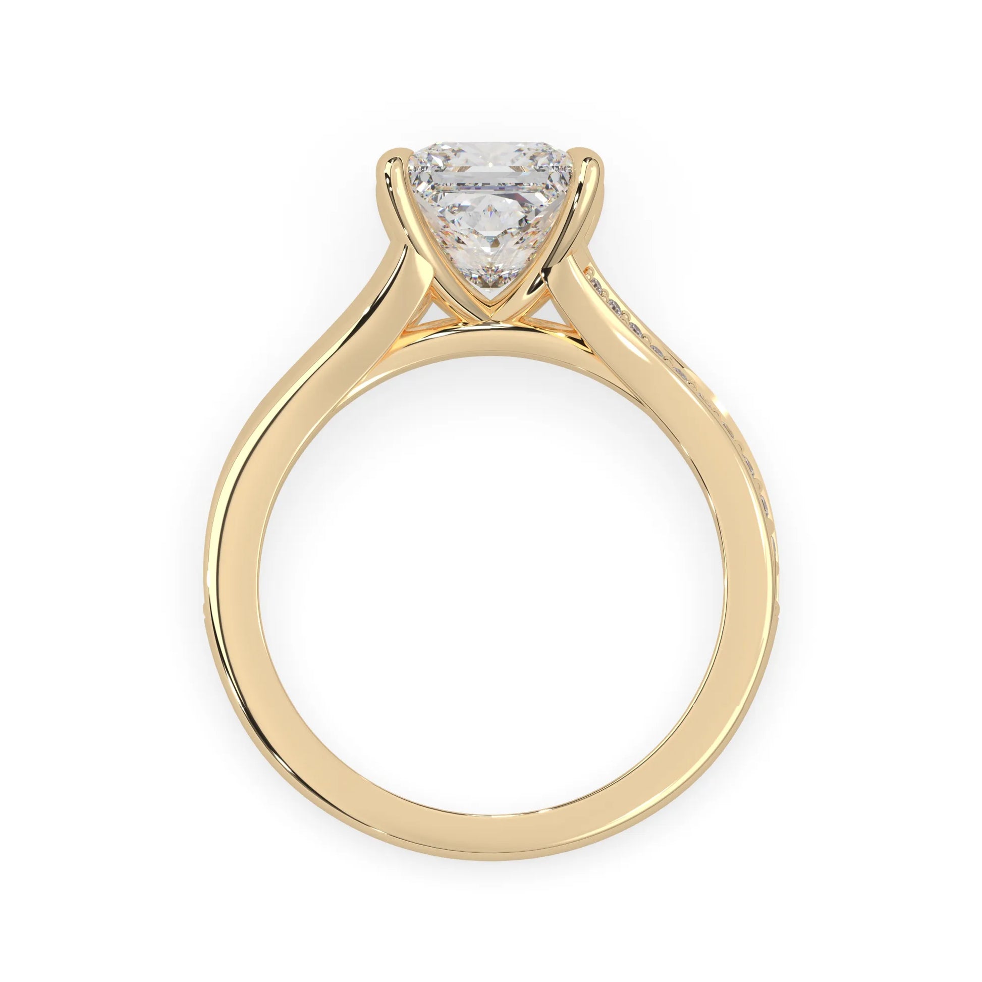 yellow Gold ring with a lab grown diamond on a white background