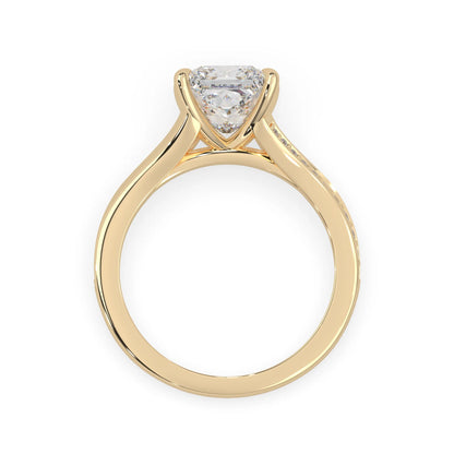 yellow Gold ring with a lab grown diamond on a white background