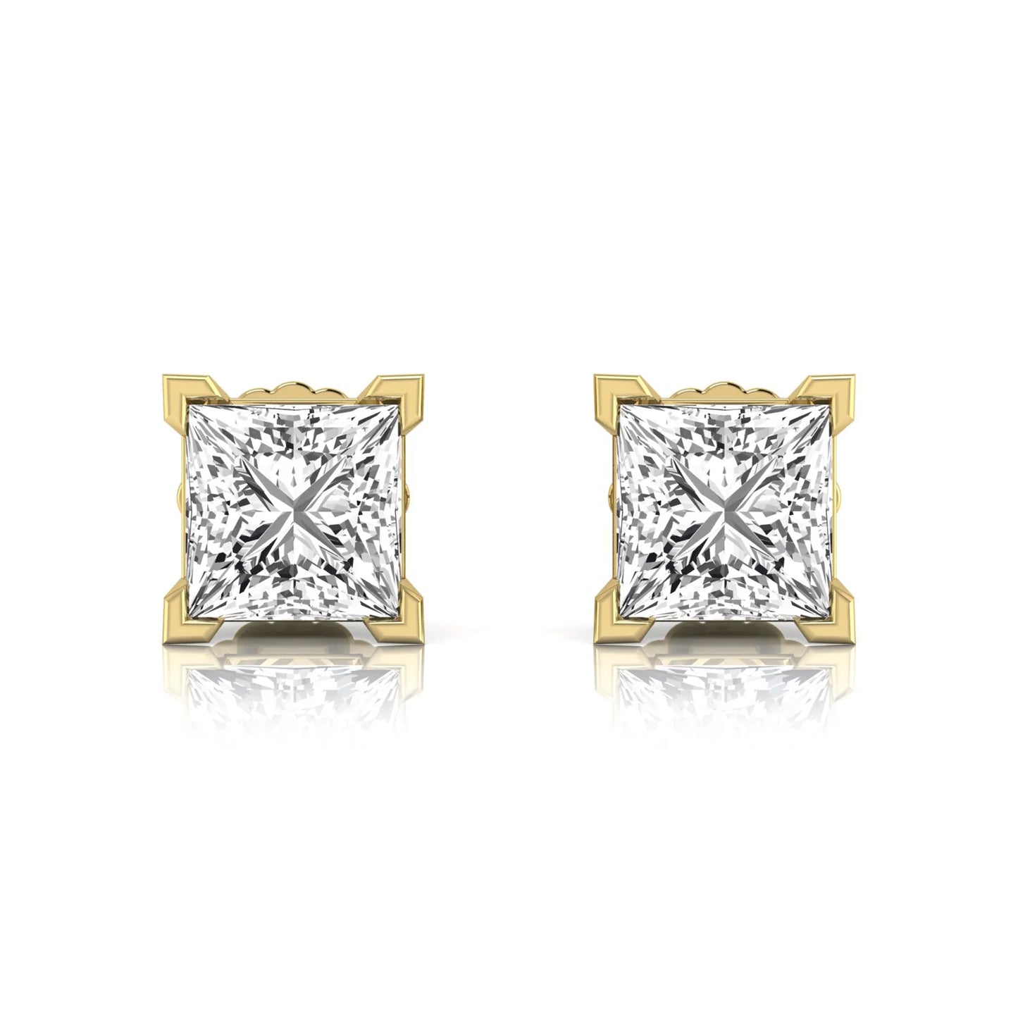 yellow gold Princess cut lab grown diamond stud earrings in a four-prong basket setting with secure screw-back posts