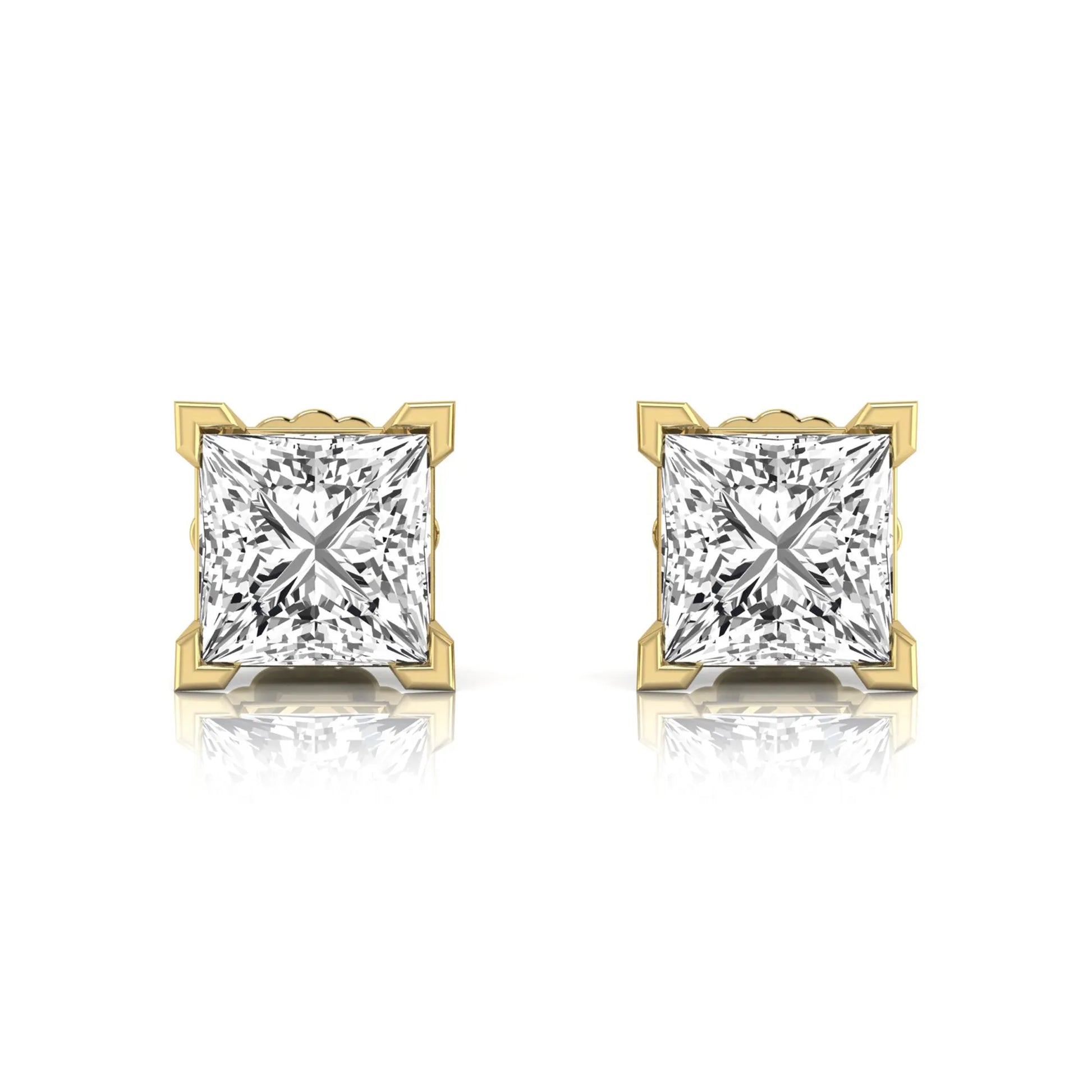yellow gold Princess cut lab grown diamond stud earrings in a four-prong basket setting with secure screw-back posts