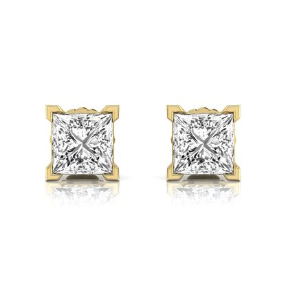 yellow gold Princess cut lab grown diamond stud earrings in a four-prong basket setting with secure screw-back posts