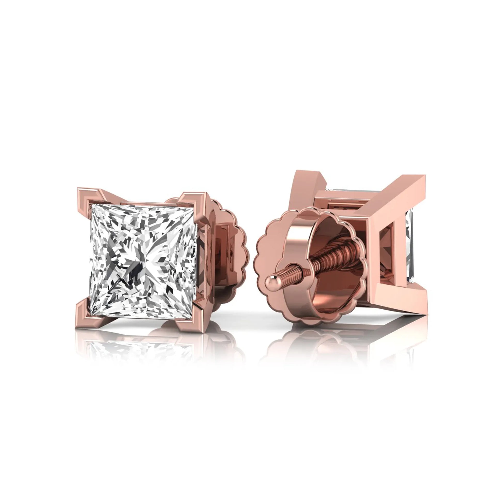 rose gold Princess cut lab grown diamond stud earrings in a four-prong basket setting with secure screw-back posts